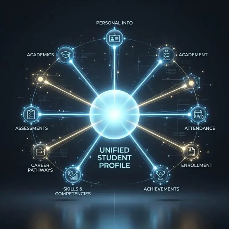 Ecosystem diagram of a CRM for higher education connecting admissions, marketing, and student data