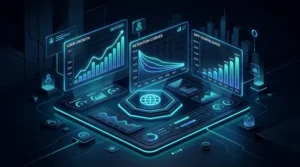 3D UI dashboard showing EdTech user growth, app downloads, and student retention metrics